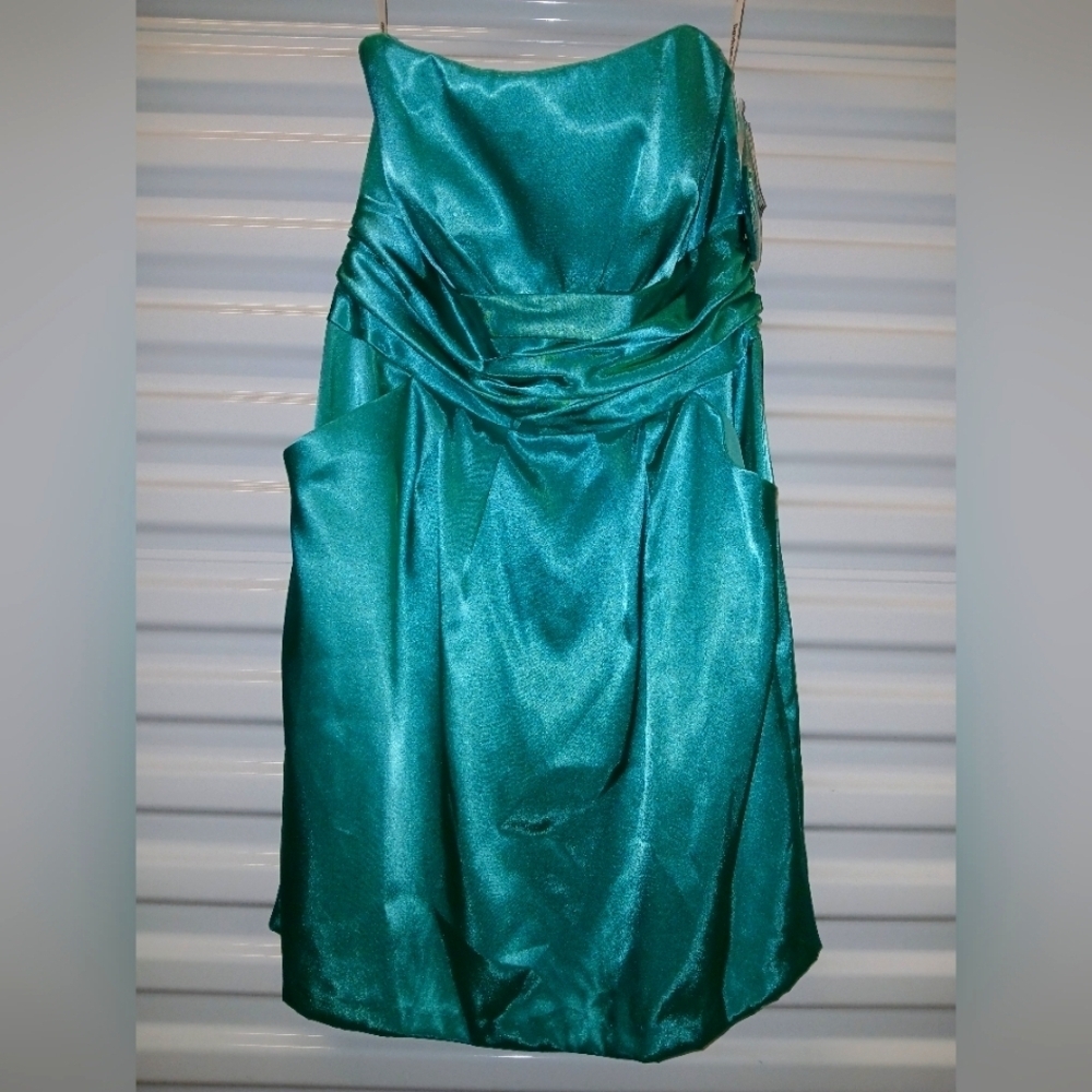 Green Satin Party/Wedding Guest/Bridesmaid Mini Dress W/Pockets Sz 16